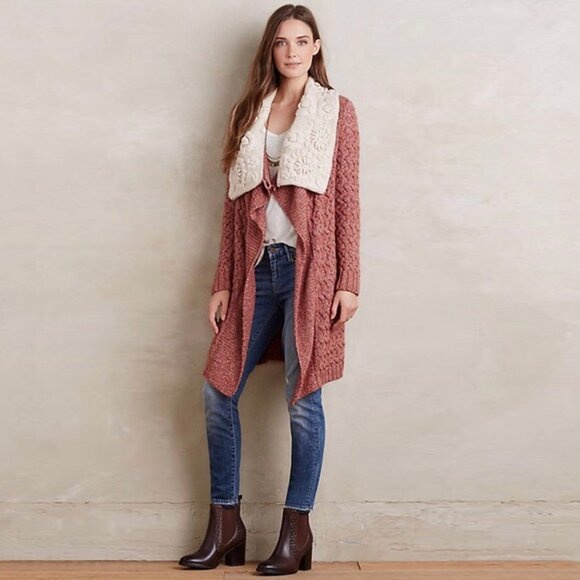 Anthropologie Knitted & Knotted Lilitz Cardigan Sweater Red Ivory Collar large - Picture 2 of 12